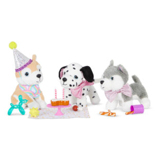 Glitter Girls Dolls Pet Birthday Party Set with Shiba Inu, Dalmatian, and Husky Stuffed Animals