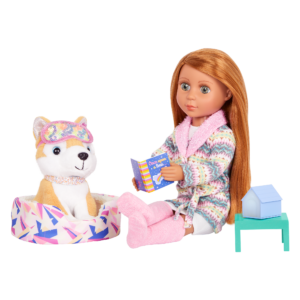14-inch doll and Shiba Inu dog plushie with bedtime pet playset