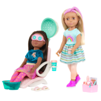 Two 14-inch dolls with salon chair and spa accessories