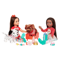 Cocoa the pup with Pepper and Glitter Girls dolls