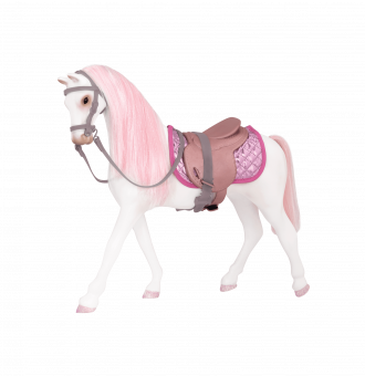 White and pink toy horse with saddle