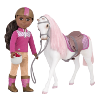 14-inch doll with white and pink toy horse