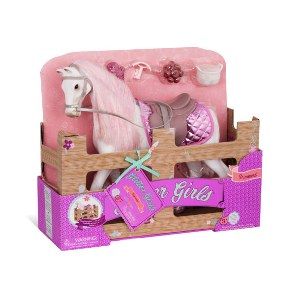 White and pink toy horse with saddle