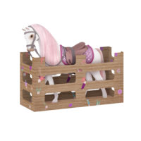 White and pink toy horse in crate