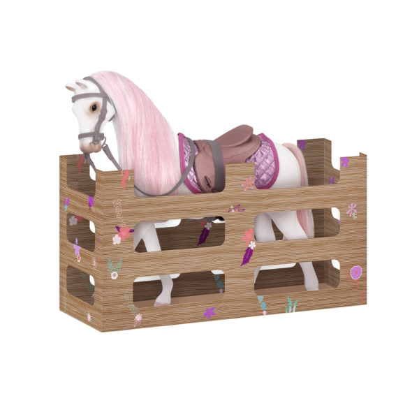 White and pink toy horse in crate