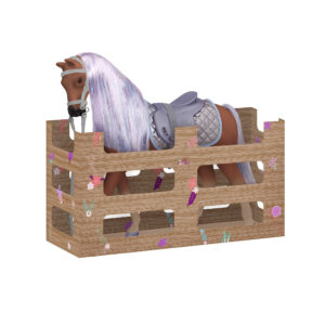 Brown and purple horse in crate