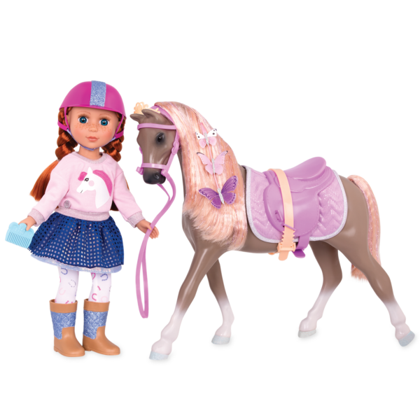 14-inch doll with light brown and peach horse