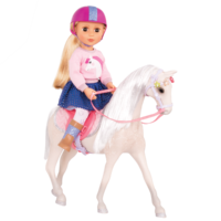 14-inch doll riding beige and silver horse