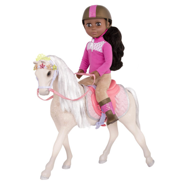 14-inch doll riding beige and silver horse